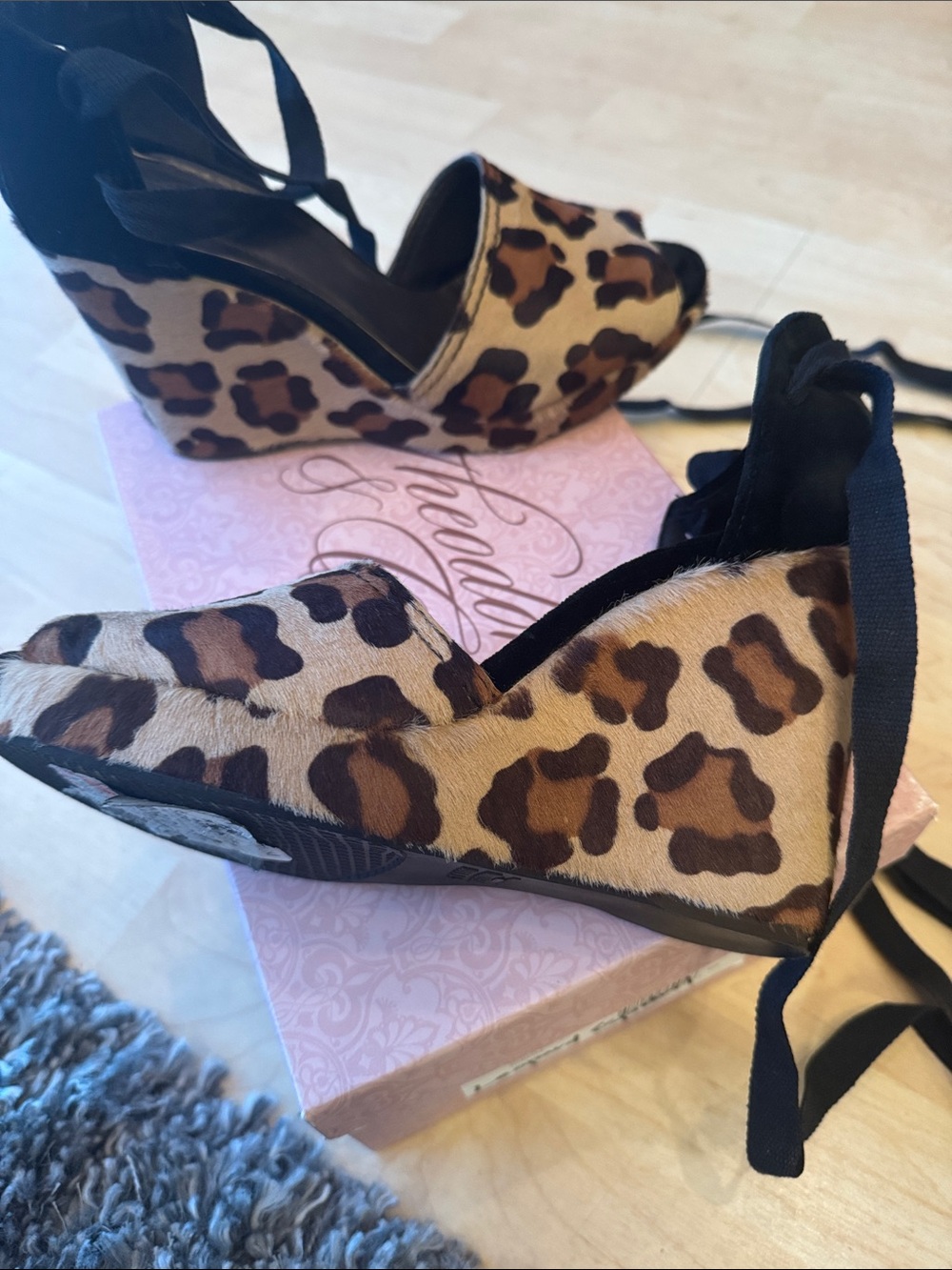 Theodora & Callum Leopard Print Wedge Sandals with Black Ankle Ties - Picture 2 of 7